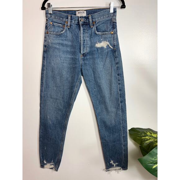 Agolde Denim Jamie High Rise Straight Leg Jean Medium Blue Distressed Capsule - Picture 1 of 10